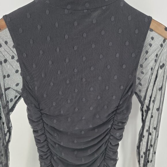 Evereve Black Ruched Mesh Dot Top | Sheer Sleeve Mock Neck | Size Small - Picture 4 of 12